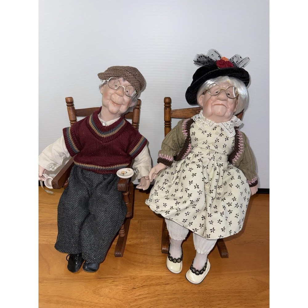 Vintage Porcelain Elderly Couple Dolls in Wood Rocking Chairs Grandma Grandpa